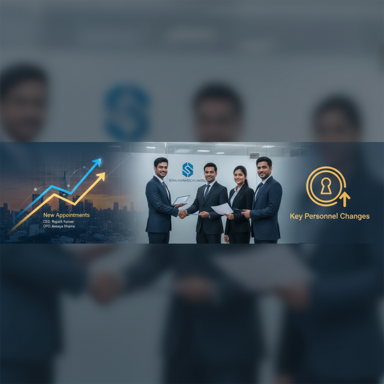 Professional image depicting executives and a rising stock chart, symbolizing new appointments and growth at Sonu Infratech.