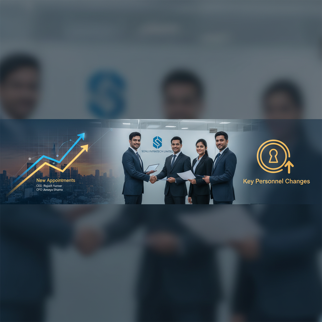 Professional image depicting executives and a rising stock chart, symbolizing new appointments and growth at Sonu Infratech.