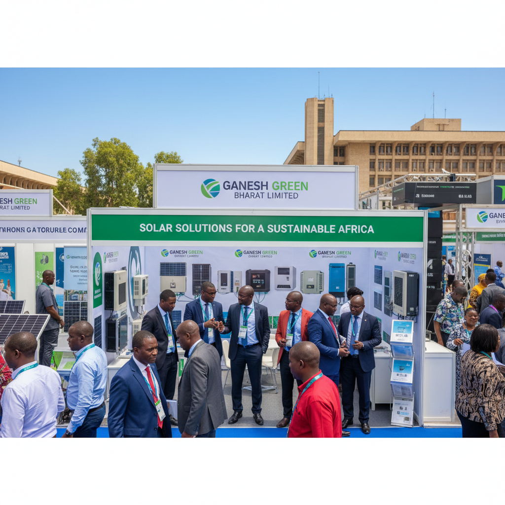 Professional image of the Ganesh Green Bharat Limited booth at Intersolar Africa, showing solar products and attendees.