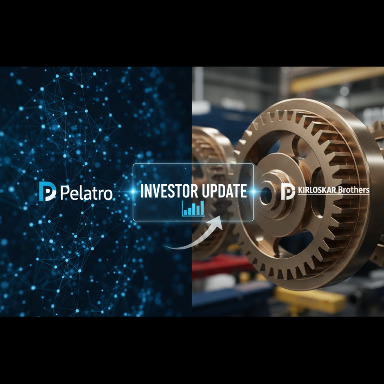 A split image showing Pelatro's digital network and Kirloskar Brothers' industrial gears, with an "Investor Update" overlay.