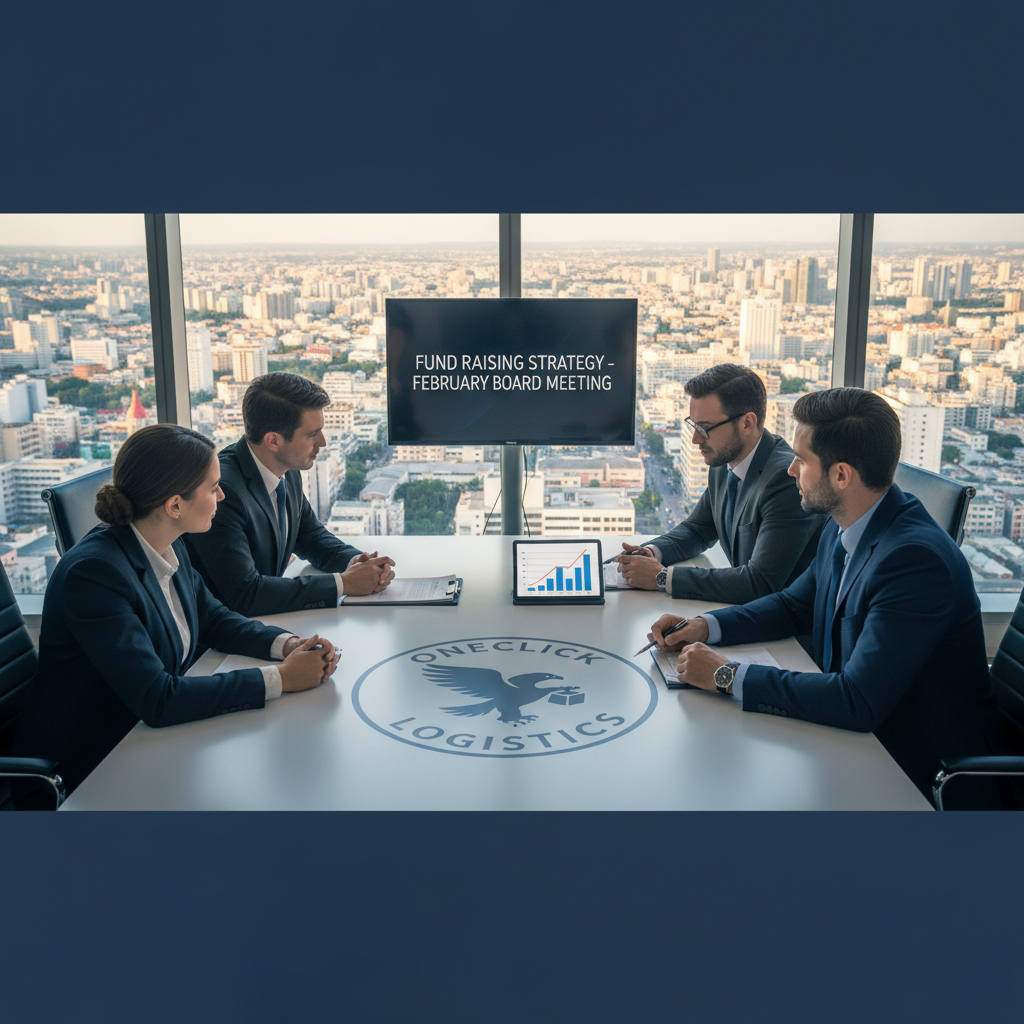 Four professionals in a boardroom overlooking a city, discussing fund raising strategy on a tablet.