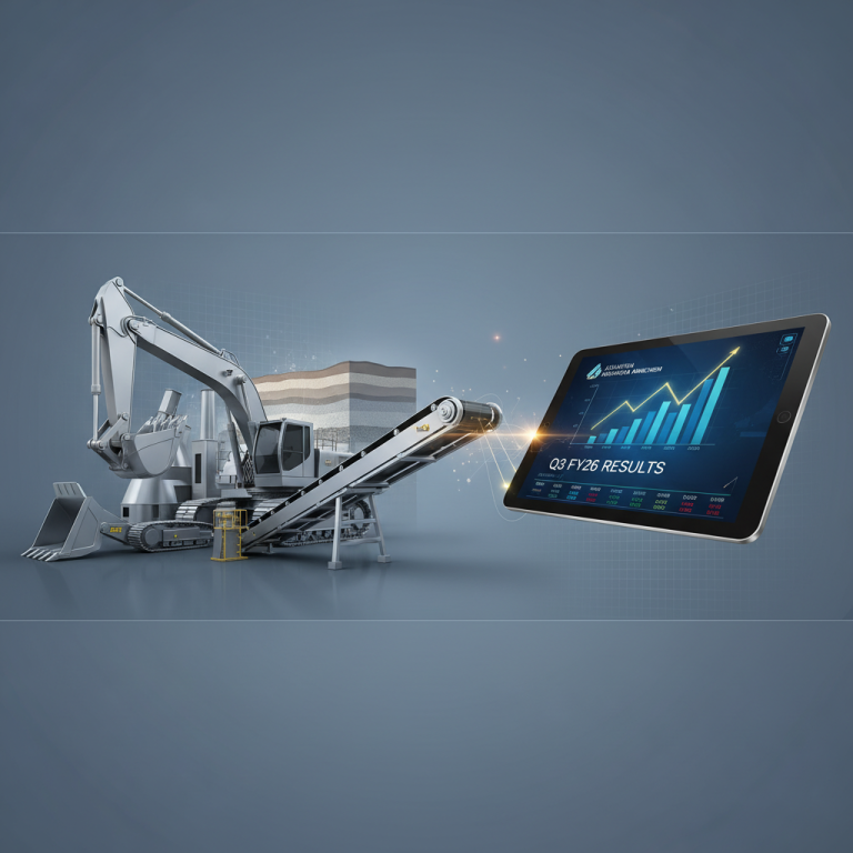 A digital tablet displaying a rising financial graph, connected to mining equipment and geological layers.