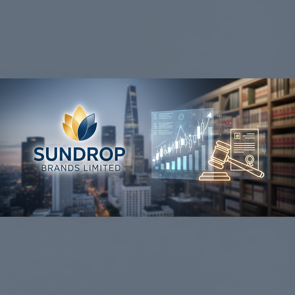 A digital overlay shows financial charts and legal symbols over a city skyline and library, with the Sundrop Brands logo prominent.