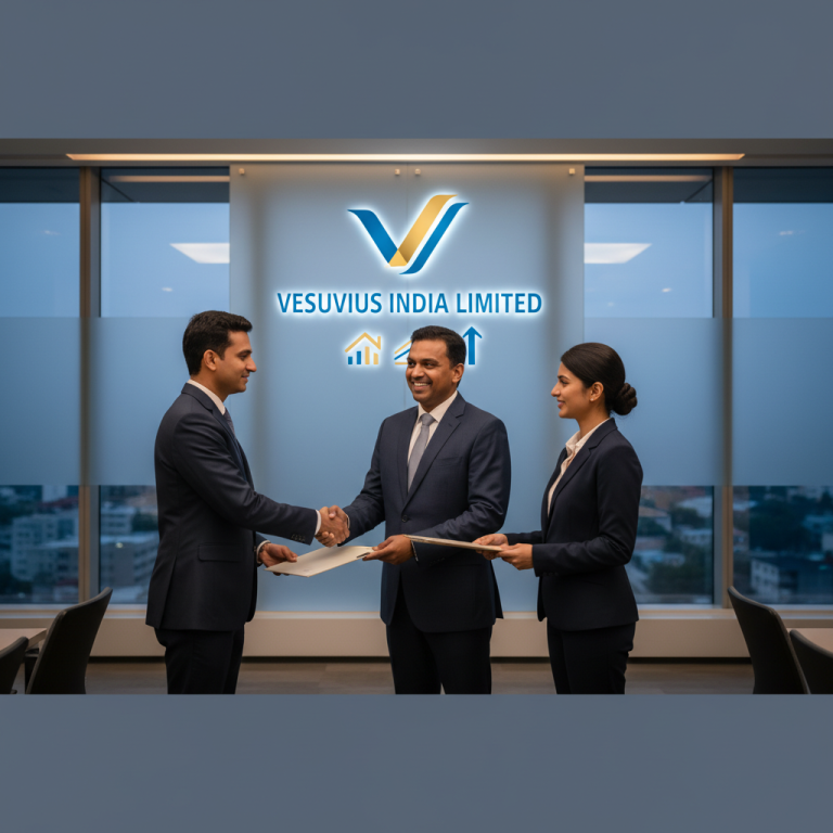 Three professionals shaking hands with Vesuvius India Limited logo, symbolizing changes in directors and key personnel.