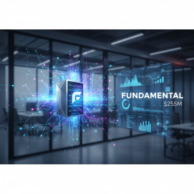 A modern data center with glowing blue and purple circuits, and a holographic display showing "FUNDAMENTAL $255M".