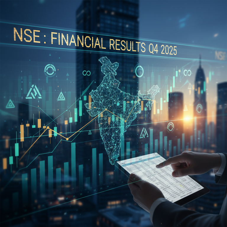 Digital overlay of financial charts and India map over a cityscape, with hands holding a tablet displaying data.