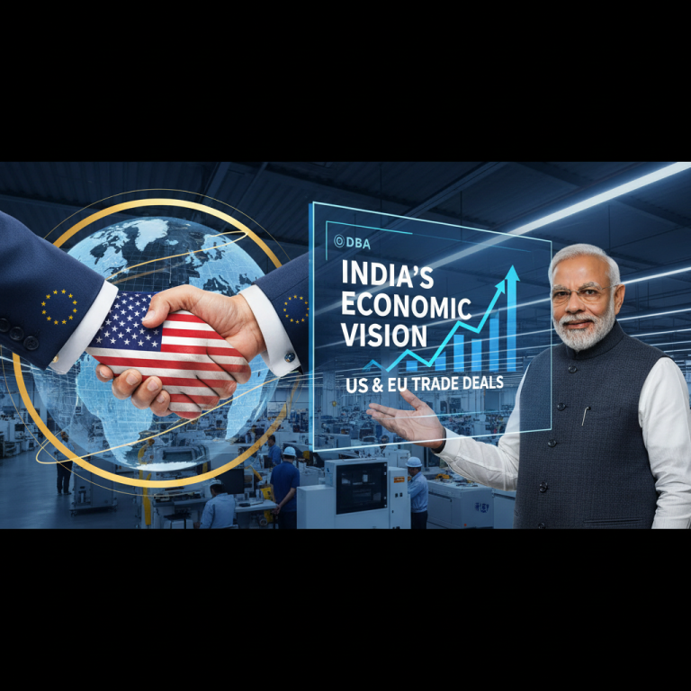 A professional image depicting a handshake between US and EU flags, with PM Modi presenting "India's Economic Vision."