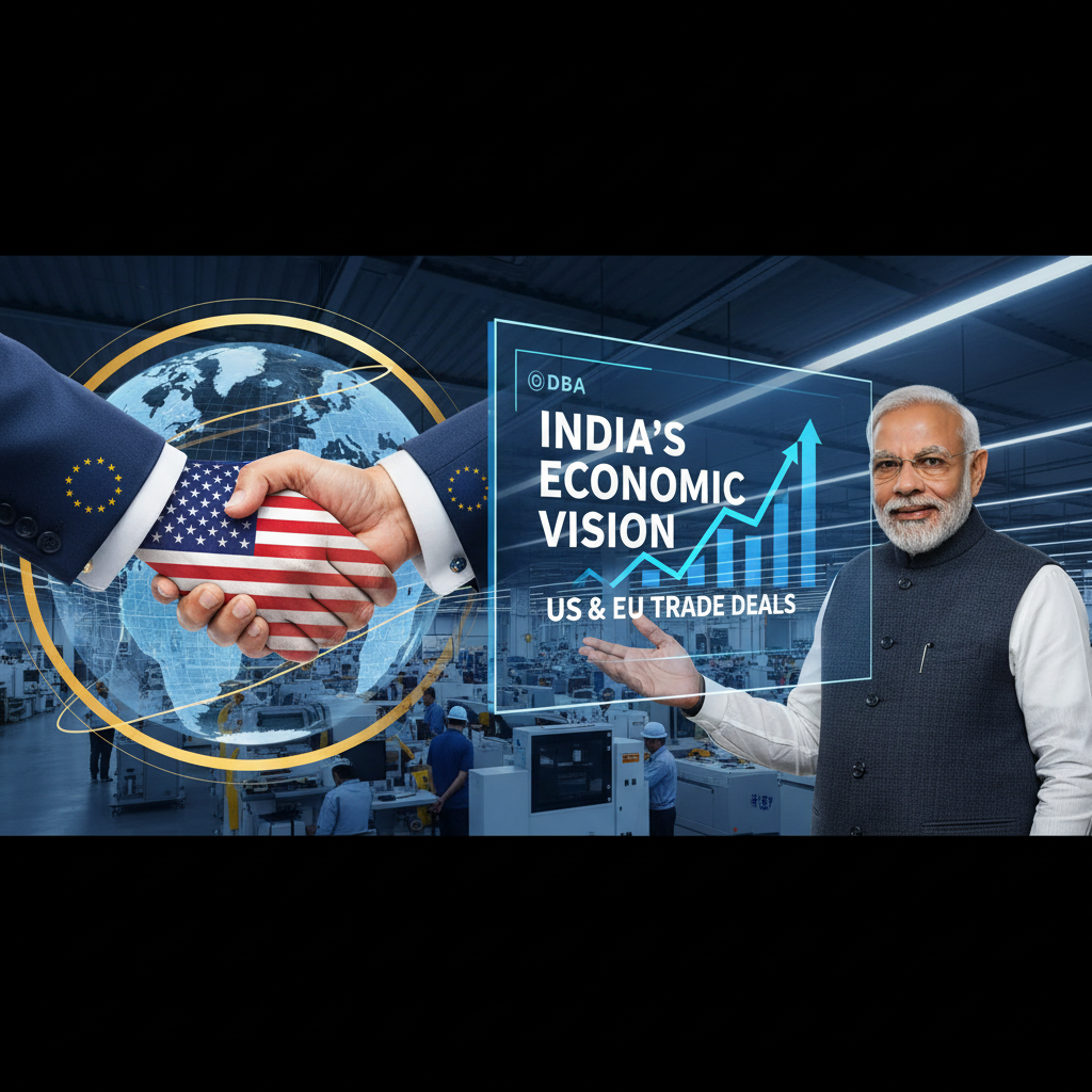 A professional image depicting a handshake between US and EU flags, with PM Modi presenting "India's Economic Vision."