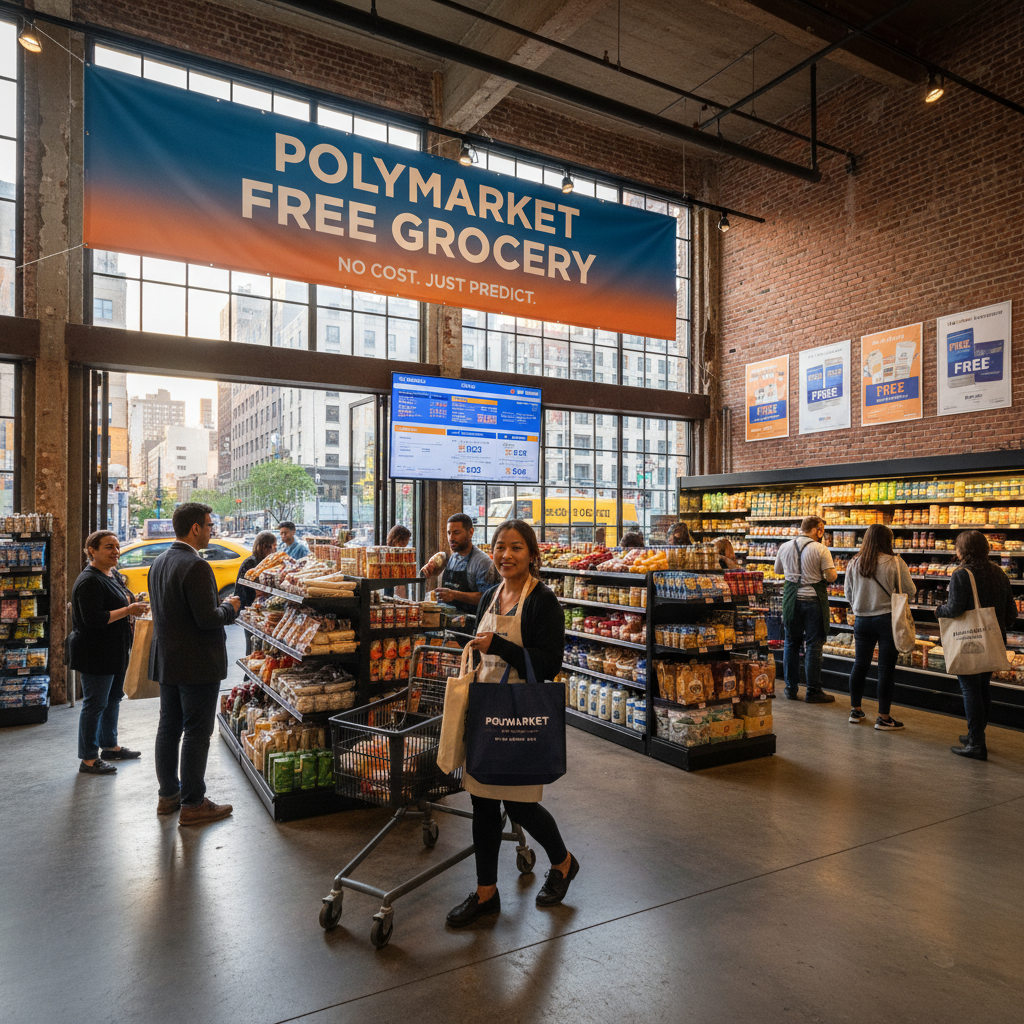 Inside the Polymarket Free Grocery store, people shop for goods under a large banner.