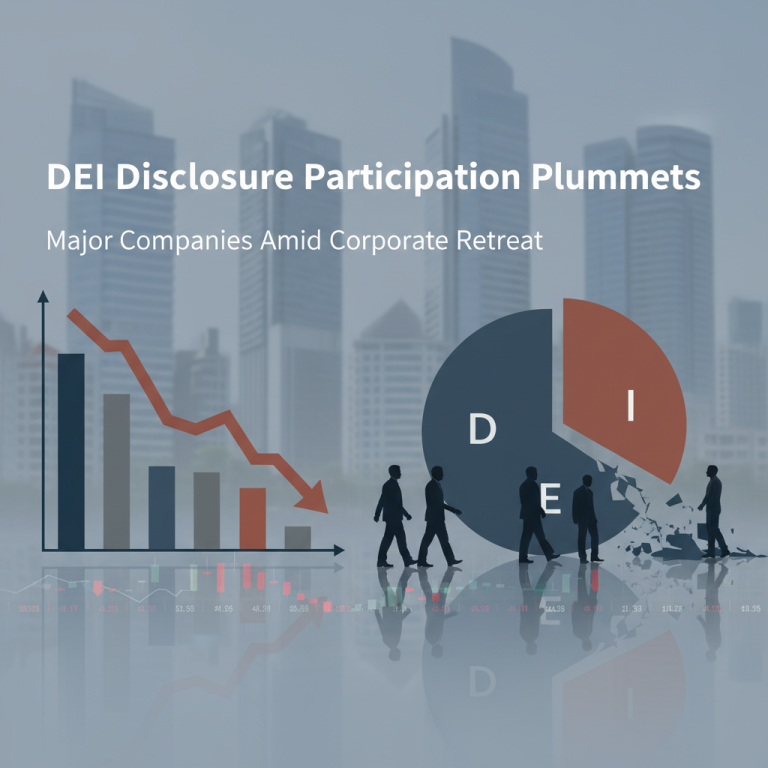 A professional image showing a downward trend on a bar graph and a breaking pie chart labeled DEI, with silhouettes of people.