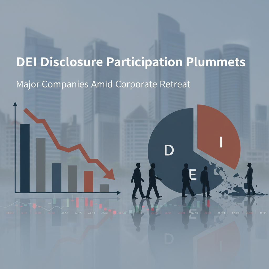 A professional image showing a downward trend on a bar graph and a breaking pie chart labeled DEI, with silhouettes of people.