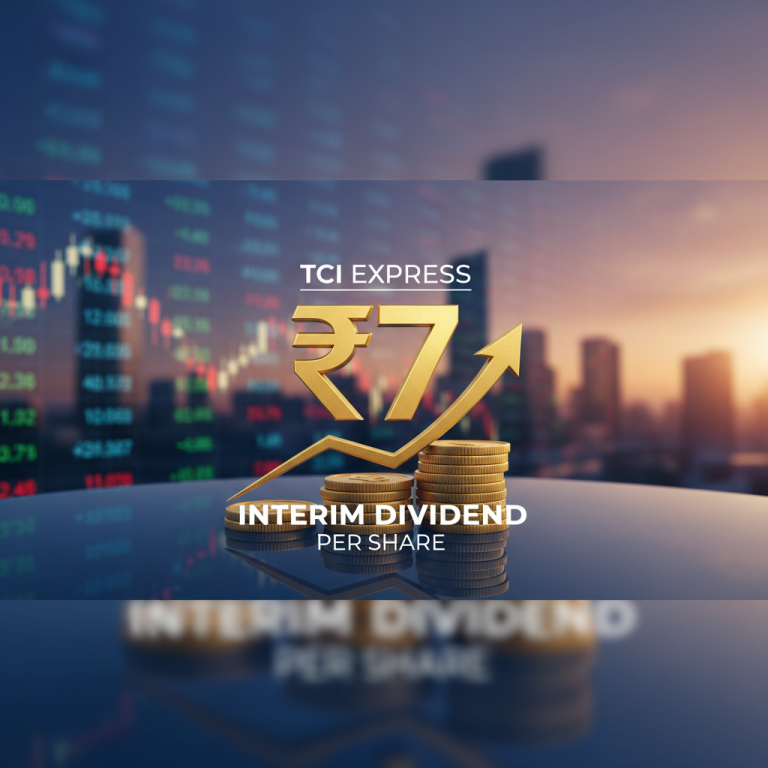 A professional image showing a golden rupee symbol with the number 7, stacked coins, and an upward arrow, against a blurred stock market chart and city skyline.