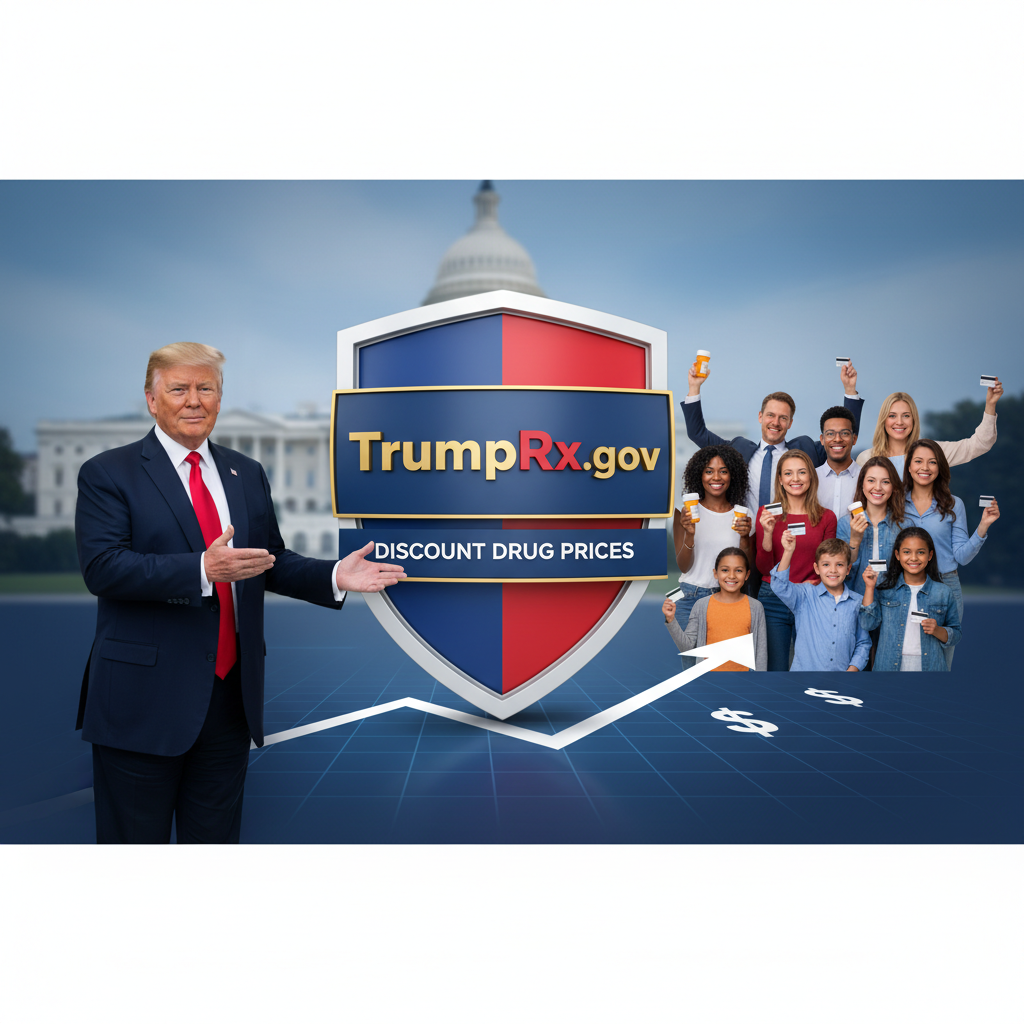 Donald Trump, a shield with TrumpRx.gov logo, and diverse people celebrating with pills and credit cards, Capitol in background.
