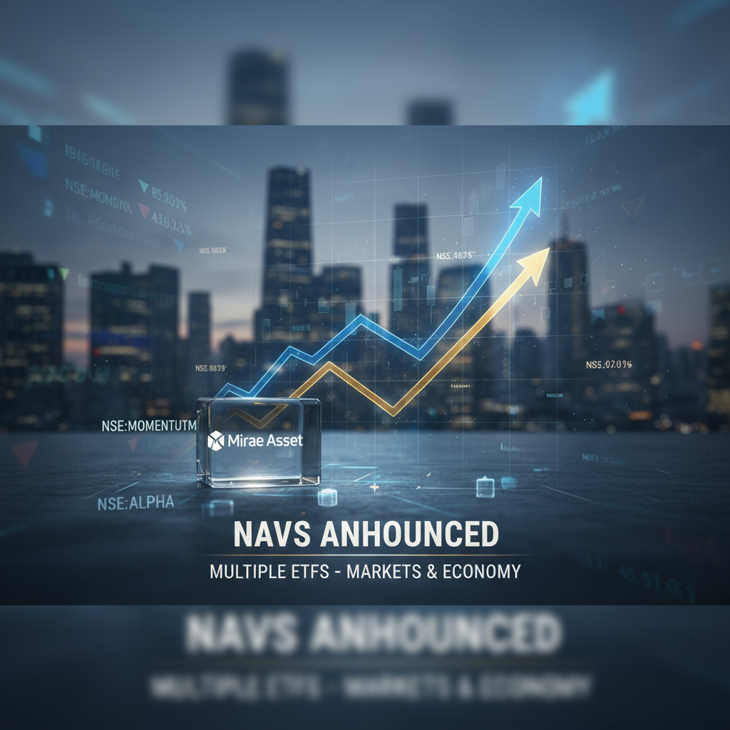 A modern, professional image featuring upward-trending financial graphs against a cityscape, with "Mirae Asset" and "NAVs ANNOUNCED" text.
