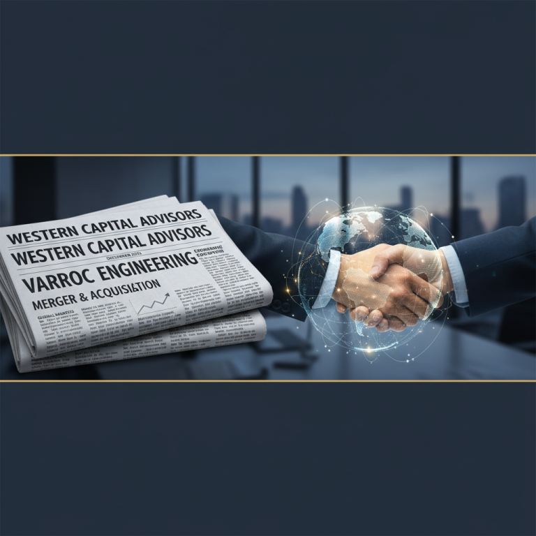 A business handshake overlaid with a glowing globe graphic, next to a newspaper featuring headlines about Western Capital Advisors and Varroc Engineering.