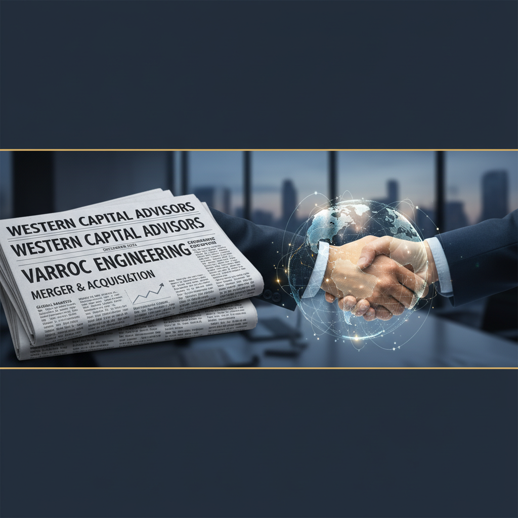A business handshake overlaid with a glowing globe graphic, next to a newspaper featuring headlines about Western Capital Advisors and Varroc Engineering.