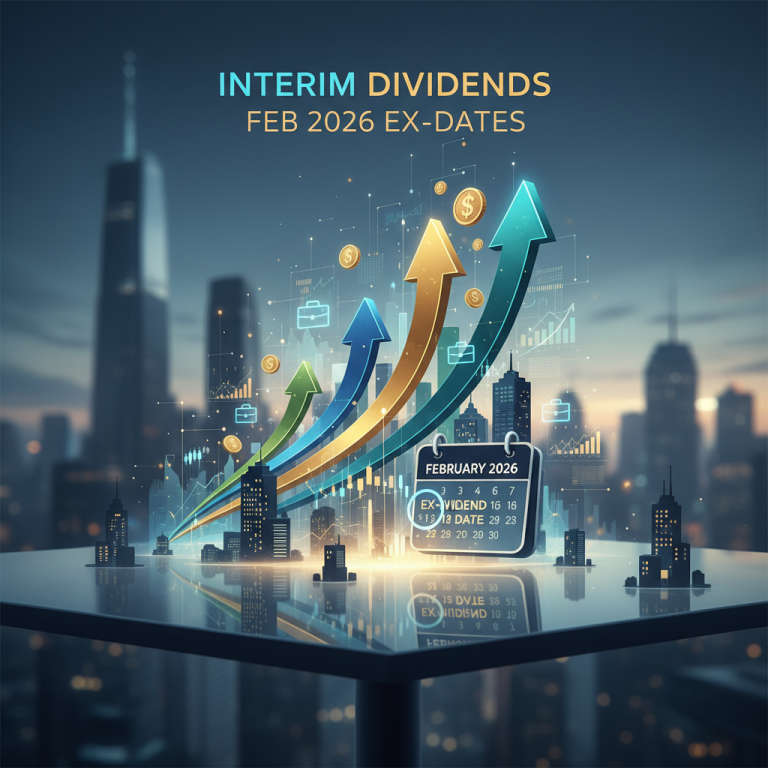 Digital illustration of upward-trending arrows, a calendar for February 2026, and financial icons over a cityscape.