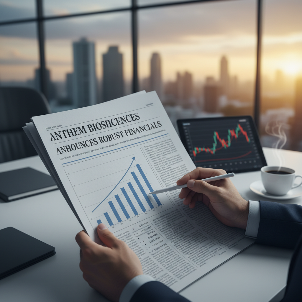 Hands holding a newspaper displaying Anthem Biosciences financial results with a rising bar chart.