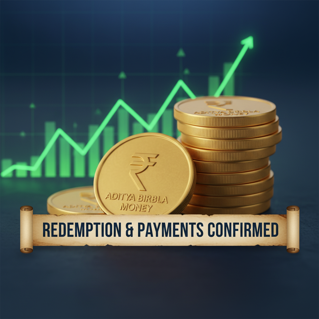 Golden coins with the Indian Rupee symbol and "ADITYA BIRLA MONEY" text, against a backdrop of an upward trending financial graph.