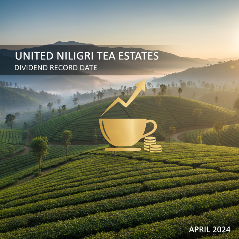 Tea plantation landscape with a golden tea cup, financial growth arrow, and coins, representing tea industry dividends.