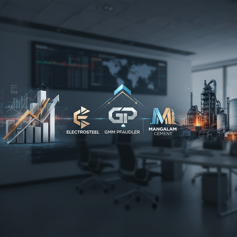 A professional image with company logos for Electrosteel, GMM Pfaudler, and Mangalam Cement, growth charts, and an industrial background.
