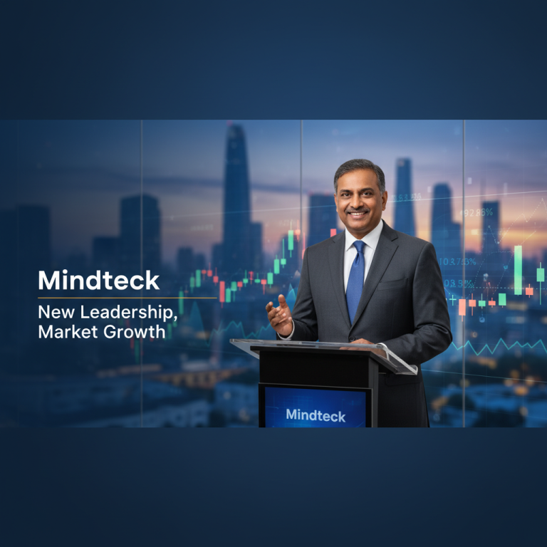A smiling CEO at a podium with "Mindteck" logo, cityscape and market graphs in background, signifying executive changes and market dynamics.
