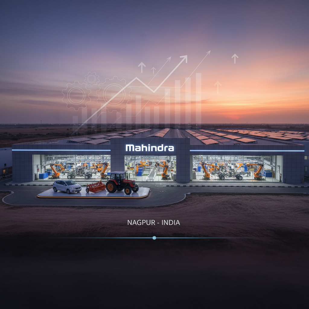 An aerial view of a modern Mahindra factory at sunset, with cars and tractors outside and robotic arms visible inside.