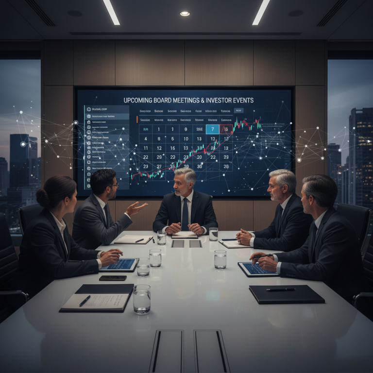 Five professionals in suits around a conference table with a large screen displaying a calendar and stock charts.