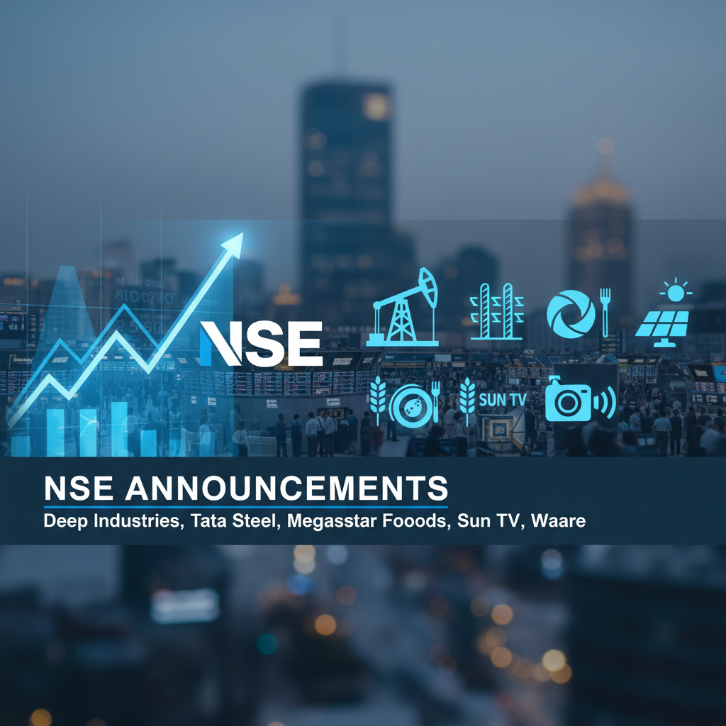 A professional image representing stock market announcements with company-specific icons on a blurred city background.