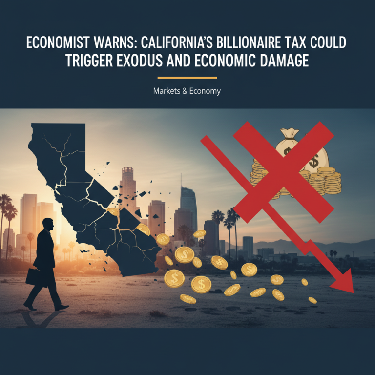 Image depicting California's map cracking with coins falling out, a businessman leaving, and a downward arrow.