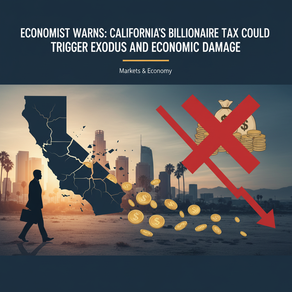 Image depicting California's map cracking with coins falling out, a businessman leaving, and a downward arrow.