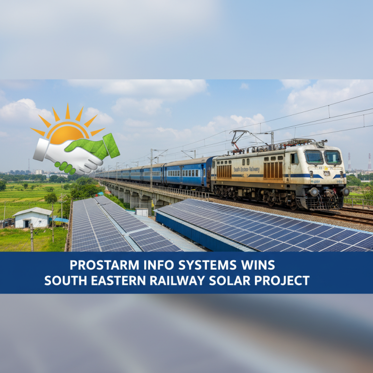 A train on a bridge over solar panels, with a handshake and sun logo.