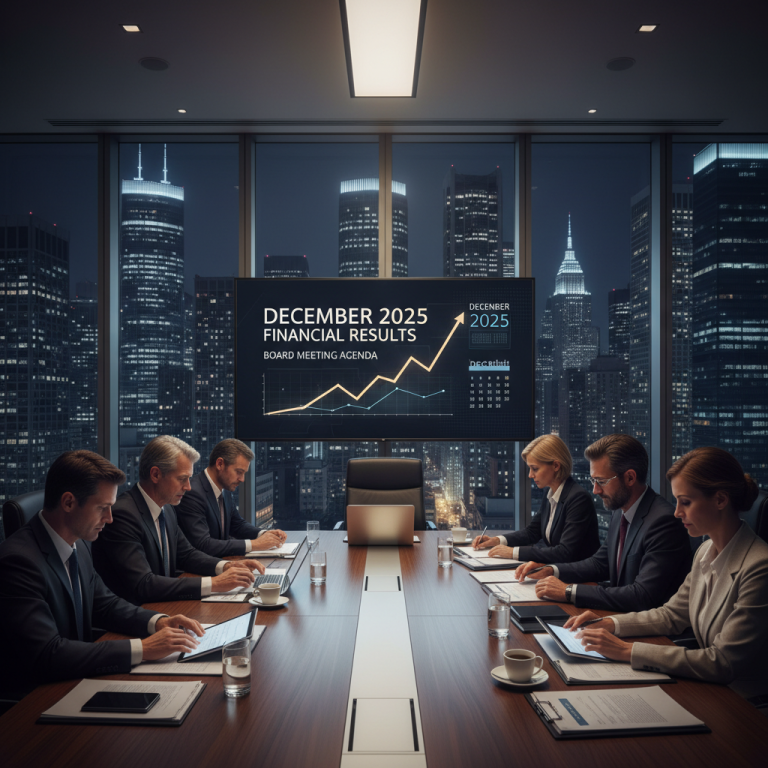 Business professionals in a modern boardroom with a large screen displaying financial data.