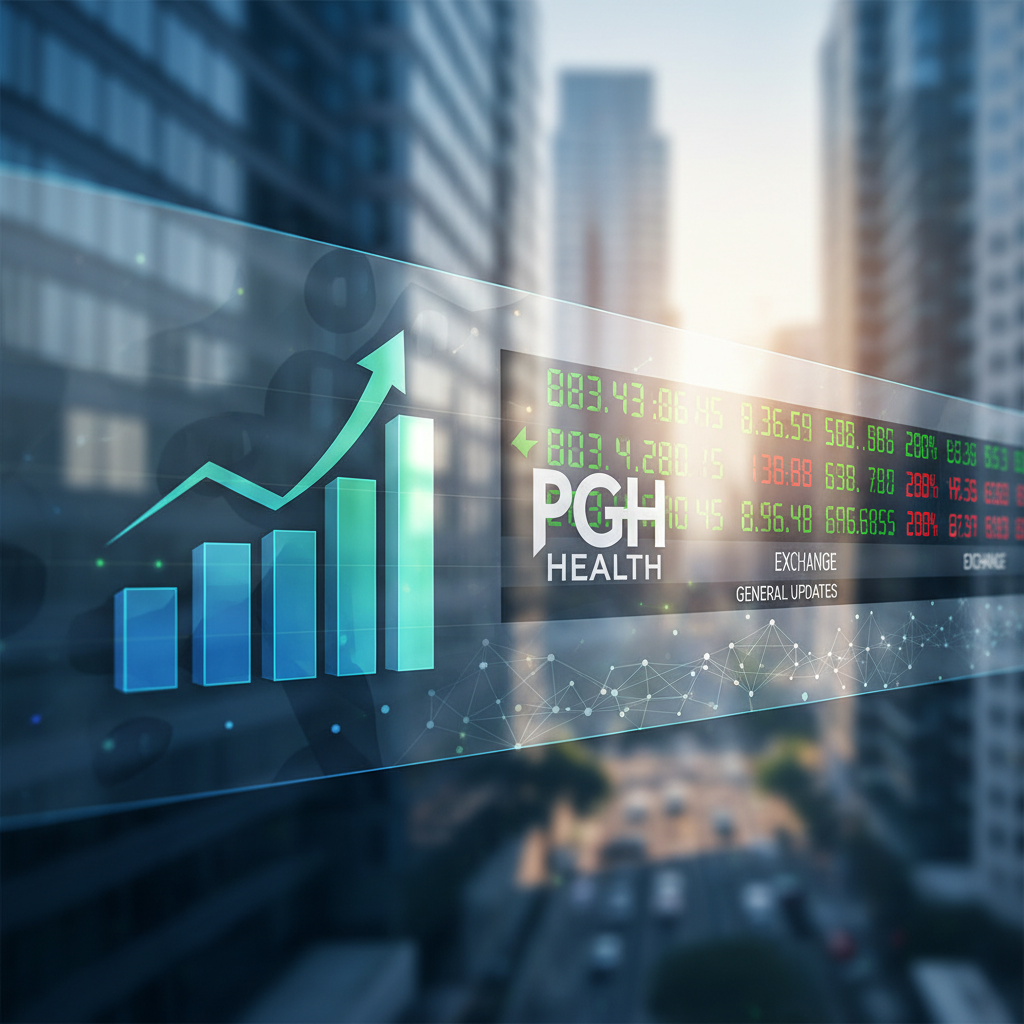 A professional image depicting a stock market interface with a rising bar chart, company ticker, and blurred city background.