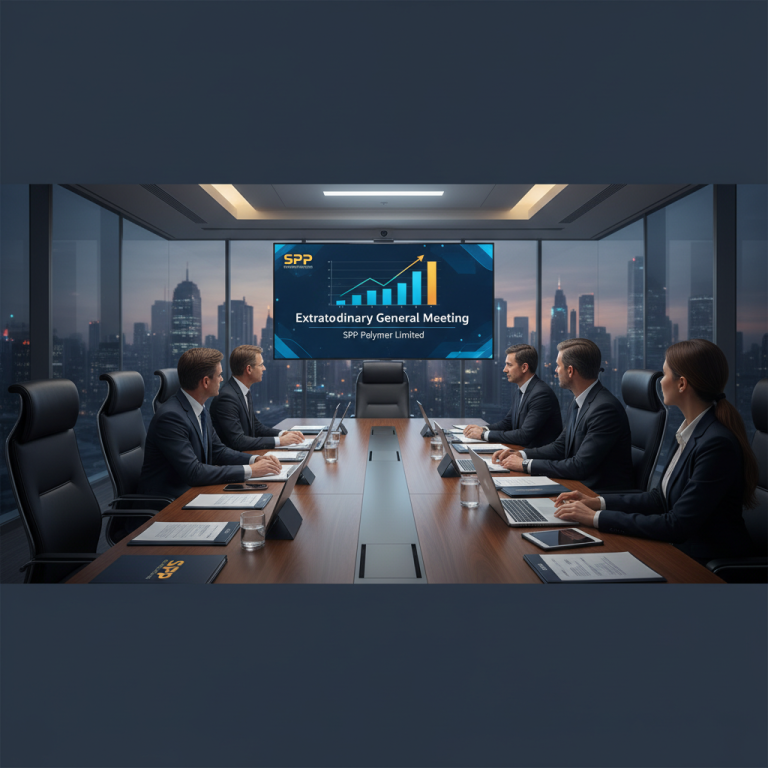 Business professionals in a modern boardroom with a city skyline view, focusing on a screen displaying "Extraordinary General Meeting."
