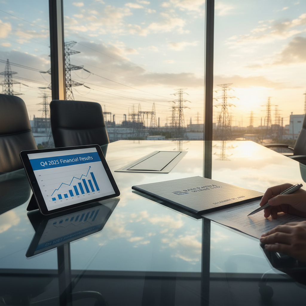 A tablet displaying financial results and documents on a conference table with power lines outside.