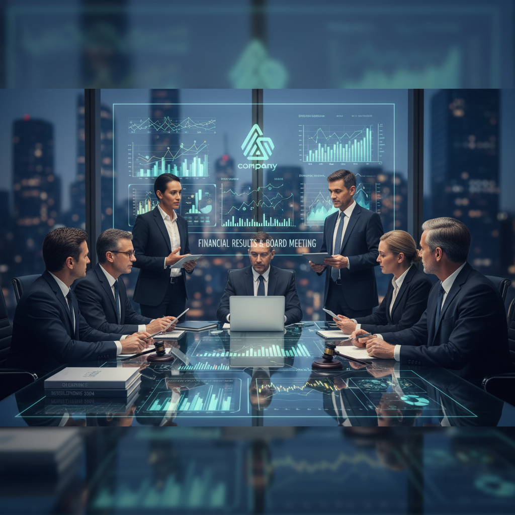 A group of business professionals in a modern boardroom, analyzing financial data on transparent screens and tablets.