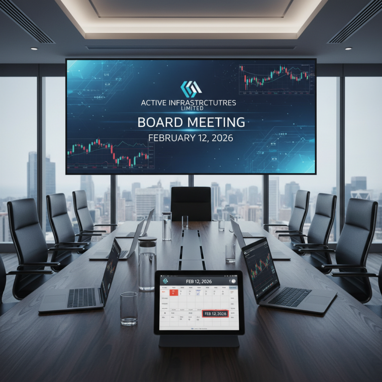 A modern boardroom with a large screen displaying "Active Infrastructures Limited Board Meeting February 12, 2026."
