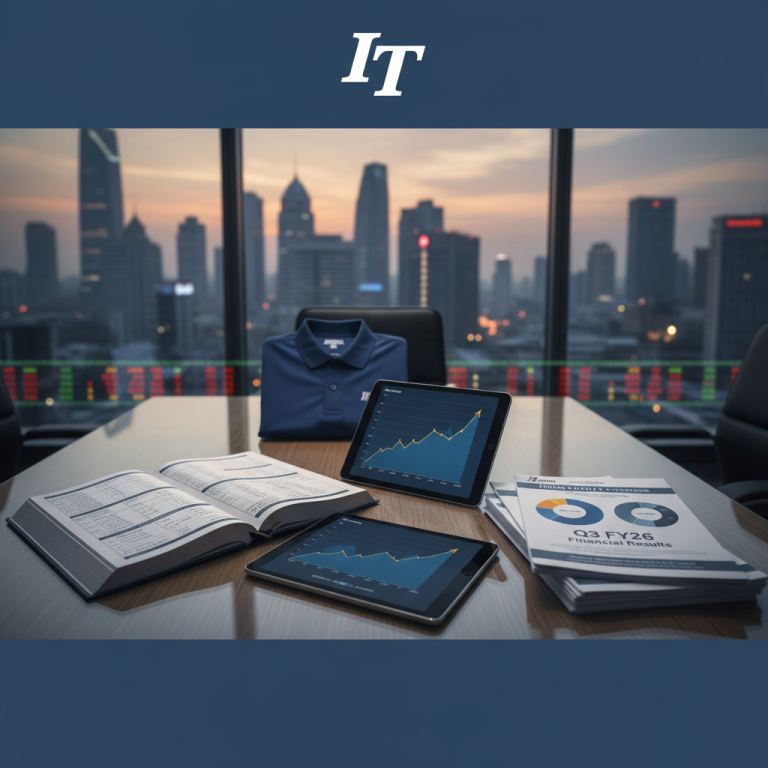 A professional office desk with financial reports, tablets displaying graphs, and an Indian Terrain polo shirt.