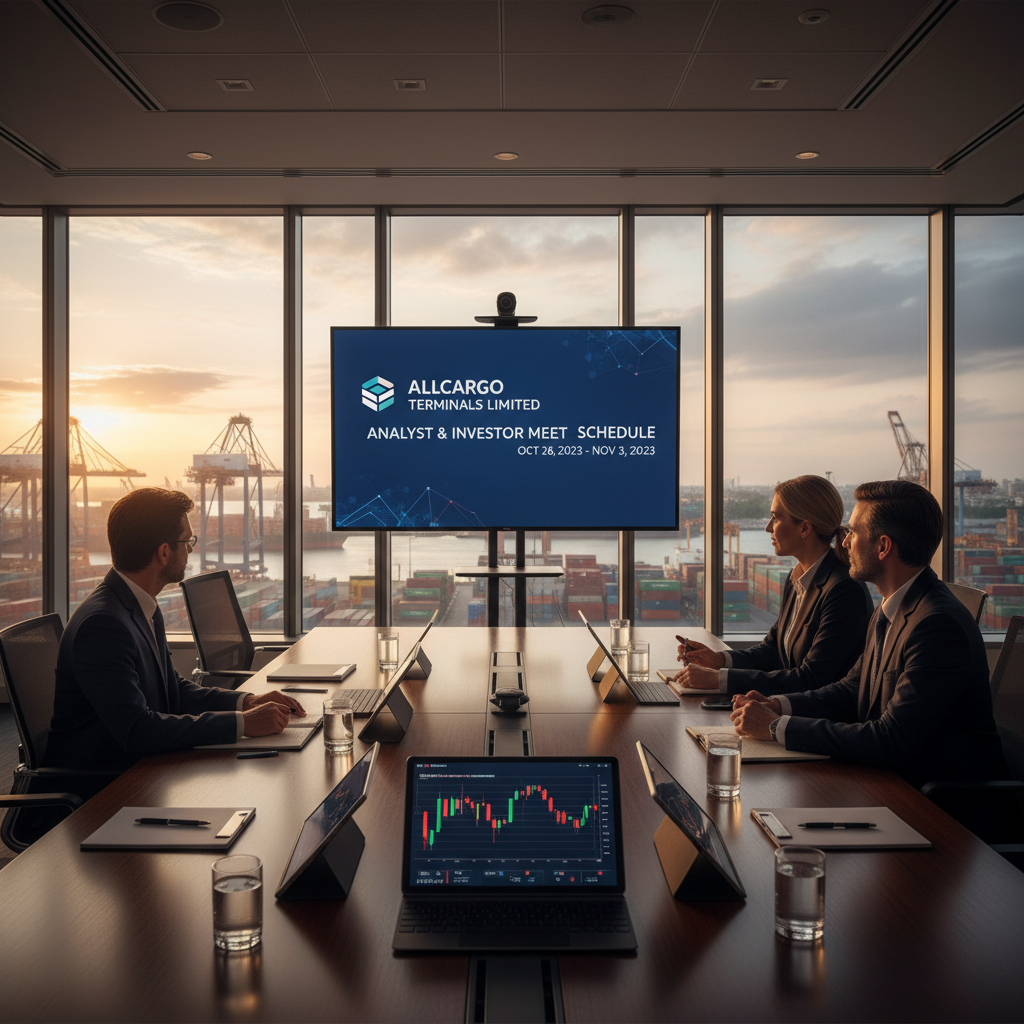 Business professionals in a modern conference room overlooking a bustling shipping terminal, with a screen showing "Allcargo Terminals Limited Analyst & Investor Meet Schedule."