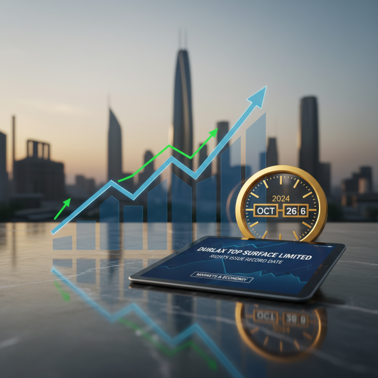 A digital tablet displaying a news headline about Durlax Top Surface Limited's rights issue, with a stock chart and clock.