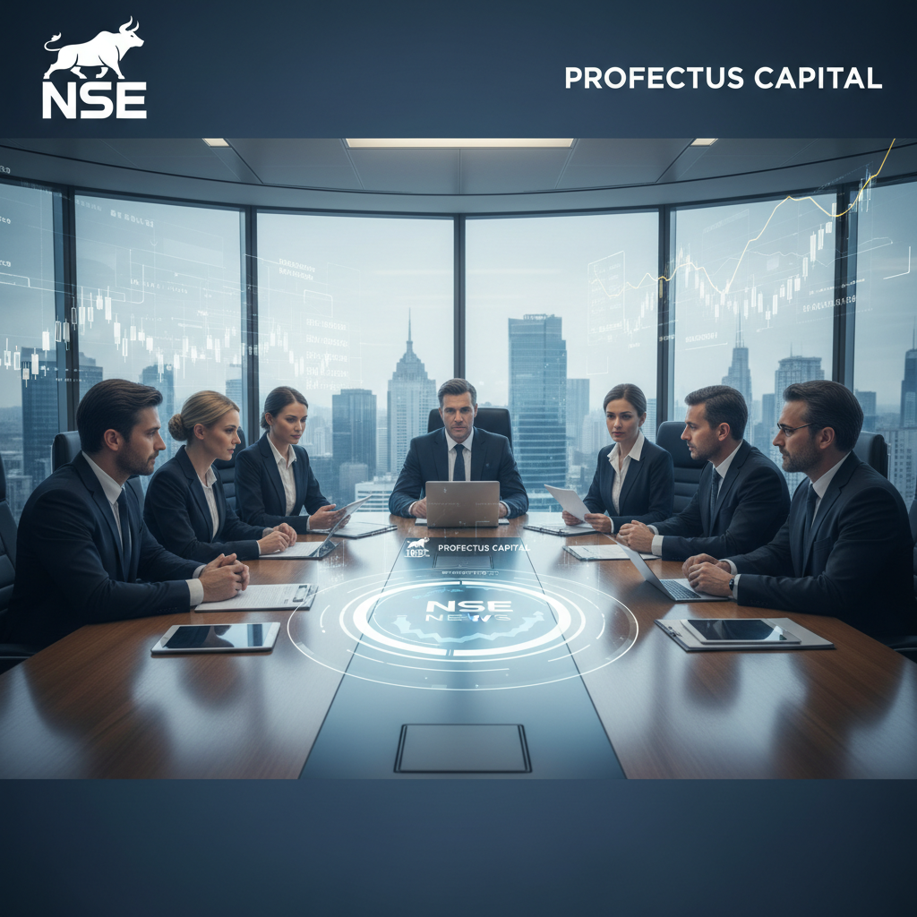 A group of professionals in a boardroom meeting, with financial charts and the NSE logo overlaid.