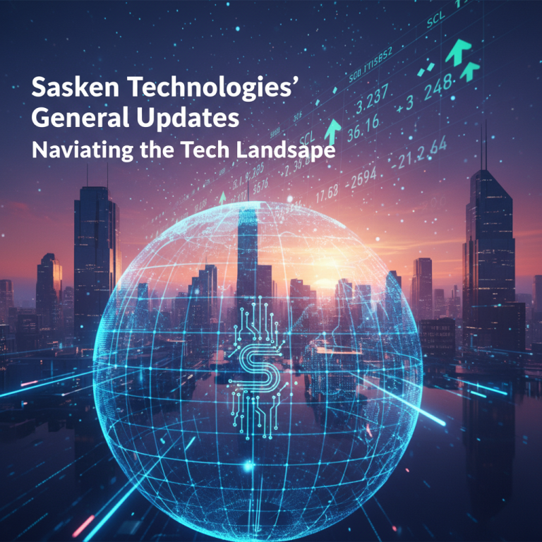 A digital globe with a circuit board 'S' logo, overlaid on a city skyline and stock market data, representing technology and finance.