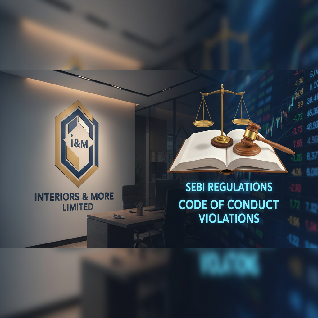 A balanced image showing law, finance, and the "Interiors & More Limited" logo, reflecting SEBI regulations.
