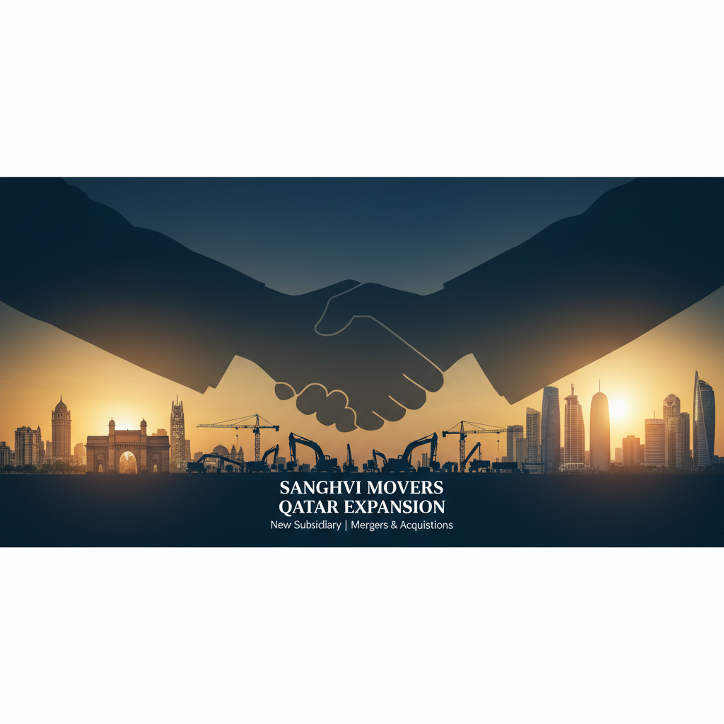 A silhouette of a handshake over a cityscape with construction cranes, symbolizing a business expansion and merger.