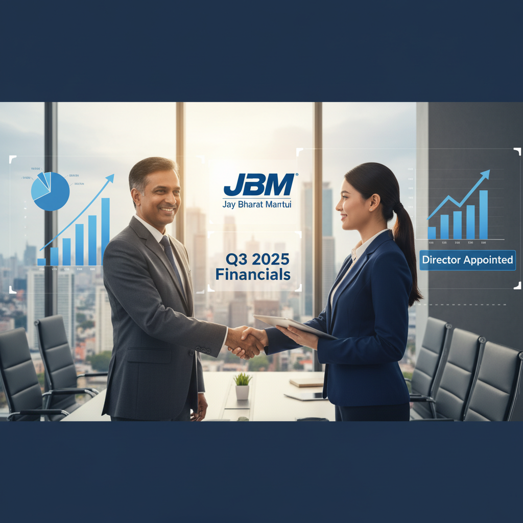 Two professionals shaking hands in a modern office, overlayed with financial charts and "JBM Q3 2025 Financials" text.