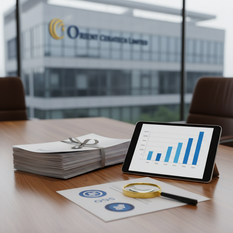 A modern office setting with a stack of documents, a tablet displaying a bar chart, and a magnifying glass on a financial report.