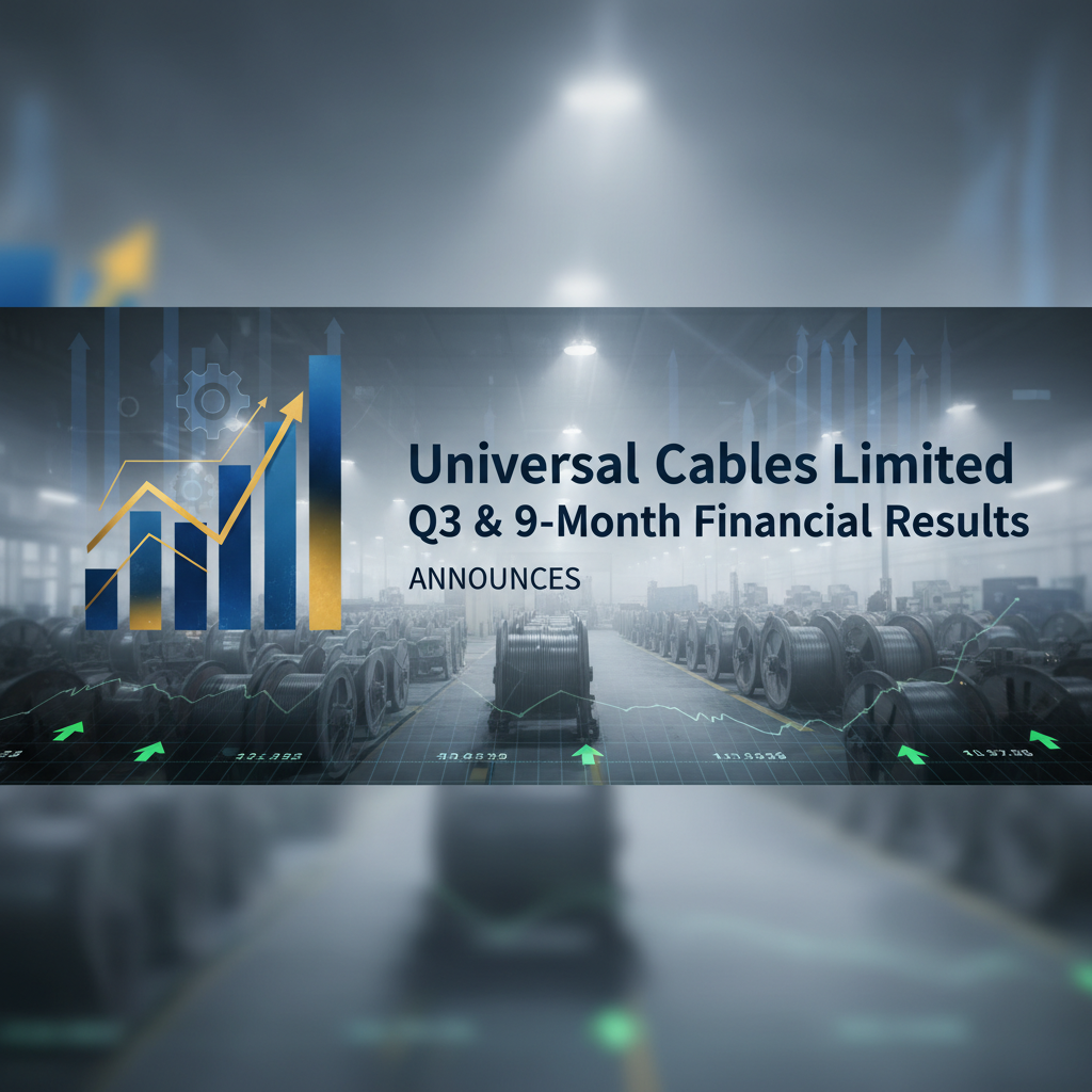 Financial results overlay on a manufacturing floor with cable reels and upward trending graphs.