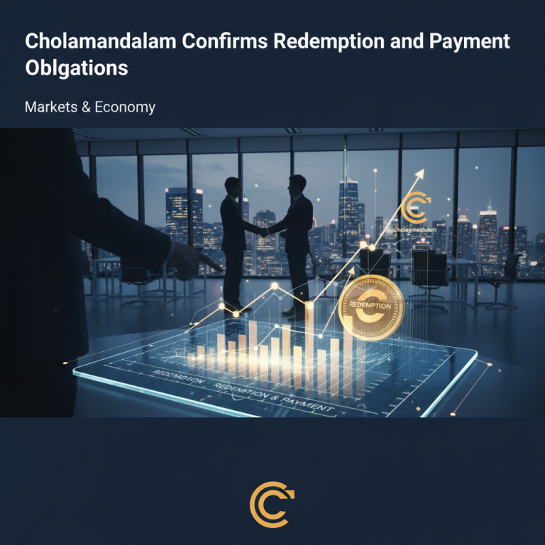 Two businessmen shaking hands in an office overlooking a city at night, with digital financial charts and a "REDEMPTION" coin.