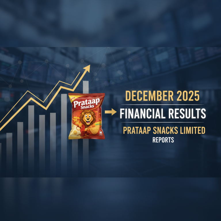 A professional image showing a Prataap Snacks packet with an upward trending graph and text "December 2025 Financial Results".